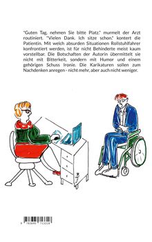 "Vielen Dank. Ich sitze schon," sagt die Patientin im Rollstuhl. Illustration mit Frau am Schreibtisch, Mann im Rollstuhl.