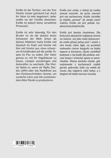 Deutscher und polnischer Text über Emilie, ein lebensfrohes Mädchen. Unten ein Barcode auf grauem Hintergrund.
