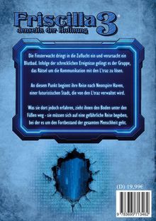 Text: Finsterwacht dringt ein, Blutbad folgt. Reise nach Neonspire Haven. Stadt von L'traz. Gefahr für Menschheit.  
Hintergrund ist blau mit digitalem Lochmotiv.