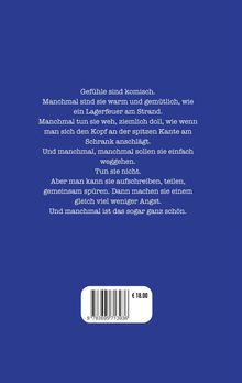 Ein Text beschreibt die Komplexität und Schönheit von Gefühlen. Ein Barcode zeigt den Preis €18.00 auf blauem Hintergrund.