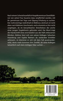 Ein Text beschreibt einen Kriminalfall um Kommissar Büttner. Darunter eine Landschaft mit Bäumen und einem dunklen Himmel.
