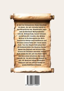Ein vertikal entrolltes, altes Pergament mit einem Text über William Cody, bekannt als Buffalo Bill. Darunter ein Barcode.