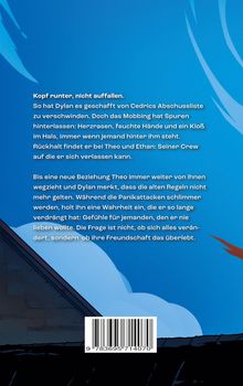 Text spricht über Dylans Mobbing-Erfahrung und seine Freundschaft mit Theo und Ethan. Blaue Illustration mit Dach und Barcode.