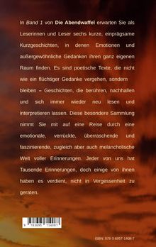 Ein Text beschreibt poetische Kurzgeschichten, die Emotionen und Gedanken einprägsam darstellen. Hintergrund in warmen Rot- und Brauntönen.