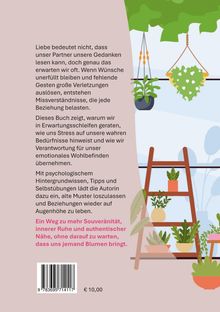 Texte über Liebe und Beziehungen, psychologische Tipps. Preis: 10€. Illustration von Pflanzen auf Holzregalen.