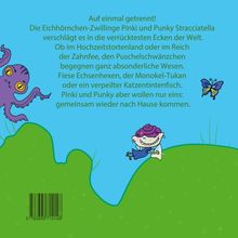 Text: Abenteuer von Pinki und Punky. Figuren: Lila Krake, grinsendes Kind, Schmetterling. Hintergrund: Hügel, blauer Himmel.