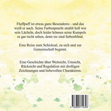 Text über Fluffpuffs Einzigartigkeit, Farbe und Reise. Geschichte von Weitsicht, Umsicht, mit charmanten Zeichnungen. Hintergrund in sanften Grüntönen.