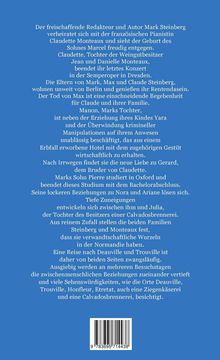 Text auf blauem Hintergrund beschreibt Familiengeschichten und Beziehungen um Mark Steinberg und Claudette Monteaux.