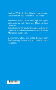 Text beschreibt Entfremdung und Rückkehr ins Leben. Hintergrund blau mit einem Barcode am unteren Rand.
