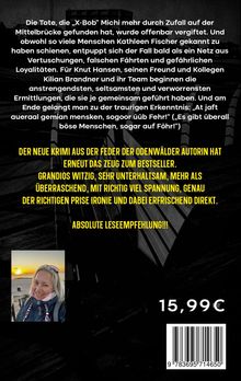 Text über einen Krimi: Spannung, Ironie, Leseempfehlung. Preis: 15,99 €. Darunter ein Foto einer Person am Strand bei Sonnenuntergang.