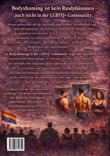 "Bodyshaming ist kein Randphänomen — auch nicht in der LGBTQ+ Community." zeigt oben, Bild von Menschen und Regenbogenflagge.