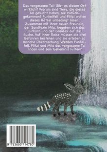 Ein Text über ein mysteriöses Tal und ein Abenteuer. Unten ein fuchsähnliches, gepunktetes Wesen vor einem Wasserfall.