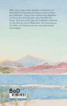 Texte über innige Liebe und Erinnerung, darunter eine Landschaftsillustration mit Bergen und Gewässer. Darunter Barcode.