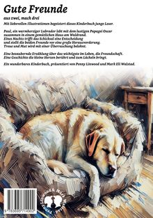 "Gute Freunde" und ein schlafender Labrador in einer impressionistischen Illustration.