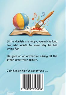 Text über Abenteuer einer jungen Highland-Kuh. Illustration: Ball, Farbklecks und Noten auf offenem Buch. Enthält Barcode.