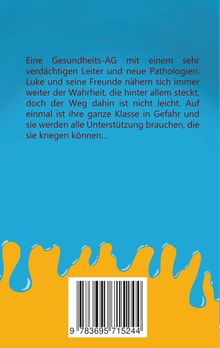 Text über Schüler, die in einer Gesundheits-AG Geheimnisse aufdecken müssen. Hintergrund blau, unten gelb-orange Muster.