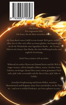 Barcode oben. Text: Ein Portal. Ein vergessenes Erbe. Nora in fremder Welt, kämpft gegen uraltes Wesen. Entscheidungen im Regnum. Flammenmotiv.