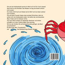 Text: Geschichte über Ole und Krabben im Watt. Abenteuer, Mut und Freundschaft. Illustration: Rote Krabbe, blaue Wellen.