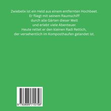 Text beschreibt Zwiebelix, einen Helden, der Gärten bereist und Abenteuer erlebt, indem er Radi Rettich rettet. Unten ein Barcode.