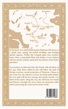 Ein Text beschreibt das Leben auf der Insel Thalyssia und Aerolia, die mit siebzehn das Orakel aufsuchen muss. Oben ist eine antike Karte.