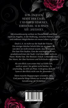 Text über Los Angeles, Neubeginn, und eine dramatische Begegnung. Schwarzer Hintergrund mit roten Rosenillustrationen.