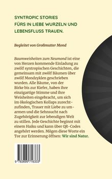 Text in grün: SYNTROPIC STORIES FÜRS IN LIEBE WURZELN UND LEBENSFLUSS TRAUEN. Hintergrund: Beige mit schwarzem Muster rechts.