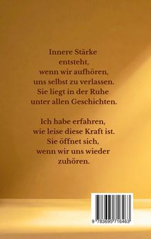 Text: "Innere Stärke entsteht, wenn wir aufhören, uns selbst zu verlassen..." Unter warmem Licht ein Barcode.