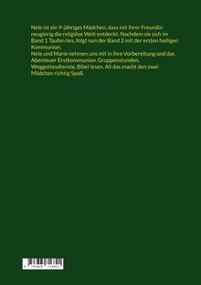 Gelber Text auf grünem Hintergrund: Nele entdeckt mit ihrer Freundin die religiöse Welt. Abenteuer Erstkommunion. Unten ein Barcode.