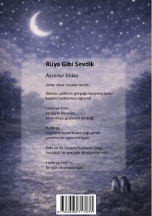 Text: "Rüya Gibi Sevdik", Ayşenur Erdaş. Zwei Pinguine sitzen unter einem sternenklaren Himmel mit Halbmond.