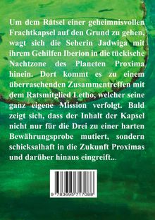 Text beschreibt ein Abenteuer auf dem Planeten Proxima mit einer geheimnisvollen Kapsel. Grüner Hintergrund. Barcode unten.