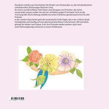 Texte beschreiben zwei Kindergeschichten. Unten eine bunte Illustration: Ein Frosch, Blumen, eine Grille. Pastellhintergrund.