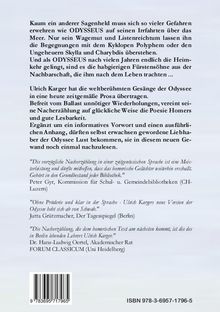 Text über Odysseus' Abenteuer und Ulrich Kargers moderne Prosa-Adaption. Beinhaltet Zitate von Kritikern und eine ISBN.
