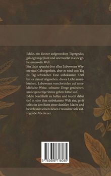 Text über einen kleinen Tigergecko namens Eddie in einer geheimnisvollen Welt. Blätter und Blumen am Rand.