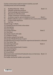 Text über Holzkonstruktionen und Werkzeuge für den Gartenbau. Nummerierte Liste: 1.) Baumaterialien... bis 29.) Projektplanung. EAN-Code unten links.