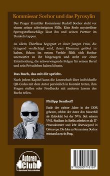 Titel: "Kommissar Sochor und das Pyroxylin". Beschreibung einer Krimihandlung. Autor: Philipp Senthoff. Enthält ein Autorenfoto und ein Logo des Autorenclubs. Barcode unten rechts.