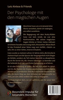 "Lutz Kniese & Friends, Der Psychologe mit den magischen Augen." Bild von einem Mann und einem Husky. Logo: Bunte Spirale.