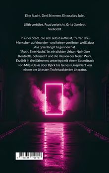 Text: Eine Nacht. Drei Stimmen. Ein uraltes Spiel... Neonrechteck mit pinkem Rauch in dunkler Umgebung.