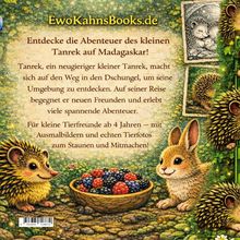 Werbetext für ein Buch über Tanrek auf Madagaskar. Illustration von einem Igel, einem Kaninchen und Obstkorb.
