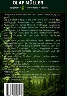 Ein Buchcover mit "OLAF MÜLLER" oben, darunter "Epigenetik • Performance • Resilienz" und einem DNA-Symbol. Hintergrund: Wald.