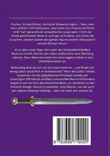Text beschreibt Julians Abenteuerreise, die durch den Besuch bei einem Antiquitätenhändler beginnt; darunter ein Schwert.