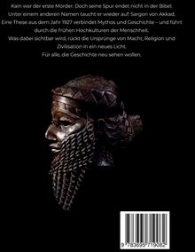 Oben steht ein Text über Kain und Sargon von Akkad. Unten ein Barcode. Links ist eine antike Büste.