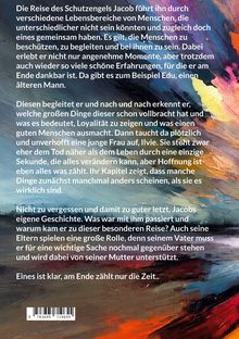 Ein Schutzengel namens Jacob begleitet Menschen durch verschiedene Lebensbereiche. Hintergrund: farbenfrohe Malerei.