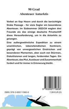 Titel: "90 Grad Abenteuer Antarktis." Beschreibung einer Segelreise um Kap Hoorn. Unten eine Wal-Illustration.