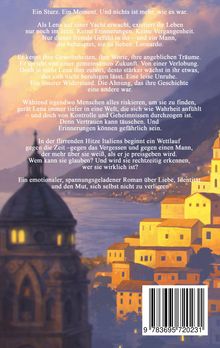 Texte beschreiben Lenas Erwachen ohne Erinnerungen. Hintergrund zeigt eine warme, malerische Szenerie mit Gebäuden.