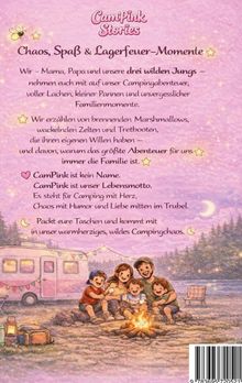 CamPink Stories: Eine Illustration von Eltern und drei Jungs am Lagerfeuer, Wohnwagen im Hintergrund, Text über Campingabenteuer.