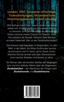 Text: "London, 1997. Schwarze Umschläge. Todesdrohungen. Mittelalterliche Hinrichtungsszenen. Du bist schuldig."

Hintergrund: Ein dichter, dunkler Wald.