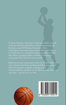 Text beschreibt das alltägliche Leben und Erwartungen, mit Basketball-Silhouette und einer Basketball-Illustration.