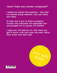 Text über Komponistinnen und Entdeckung inspirierender Frauen. Gelber Kreis mit "many audio samples". Hintergrund lila.