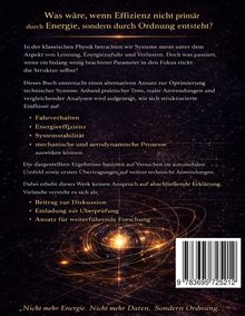 Buchtitel über Effizienz durch Ordnung. Text behandelt physikalische Systeme, Struktur und technische Optimierung. Galaxie-Illustration.