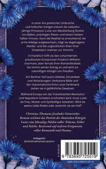 Text beschreibt das Leben der Prinzessin Luise von Mecklenburg-Strelitz in einer Ära politischer Umbrüche. Blaue Blumen verzieren.